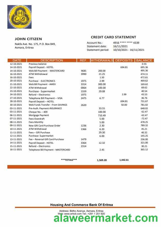 Eritrea Housing and Commerce Bank statement